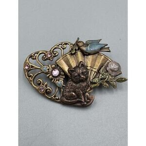 Vintage Victorian Style Cat Sitting Folding Fan Rose Hearts Bird Brooch READ